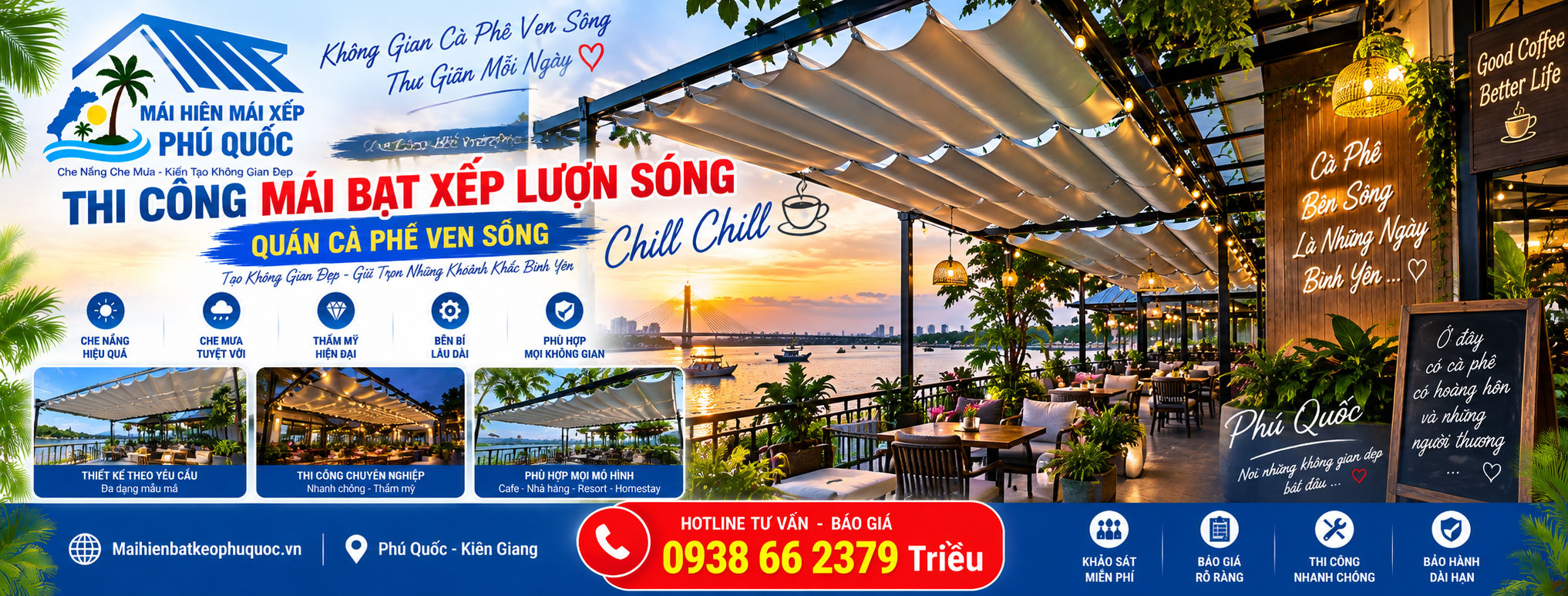 Thi công mái xếp lượn sóng quán cafe